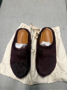 Marni Burgundy Fur Slip-On Loafers Brand New No Box